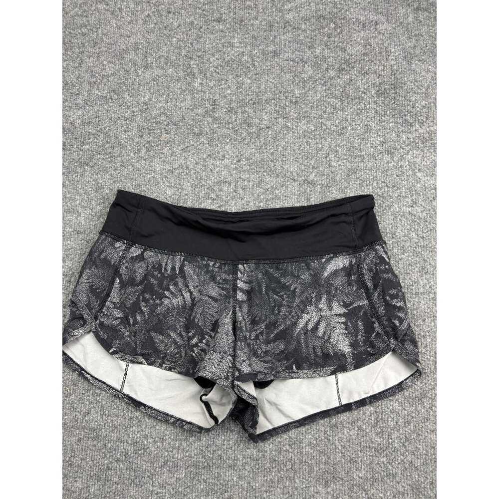 Lululemon Running Shorts Womens Size 4 Black Gray Leaf Print Lined Zip Pocket